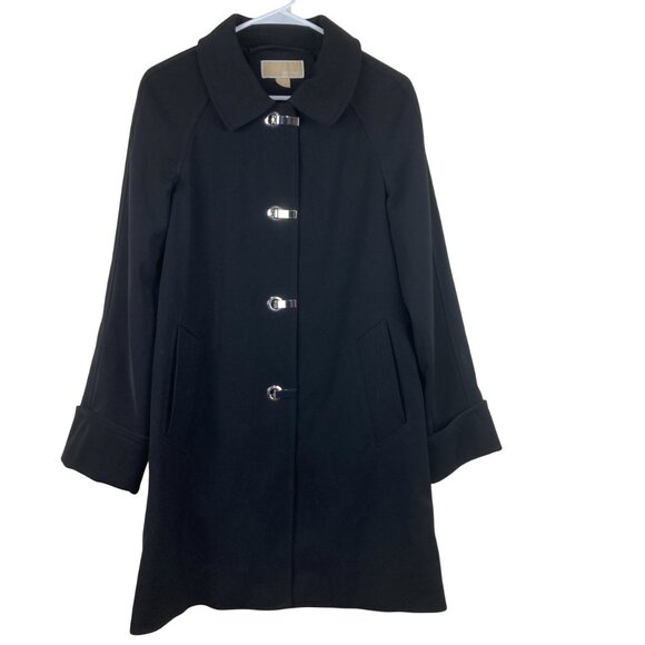 Michael Kors Womens XS Trench Coat Jacket Black Silver Clasp Buttons Pockets Des - Picture 1 of 7